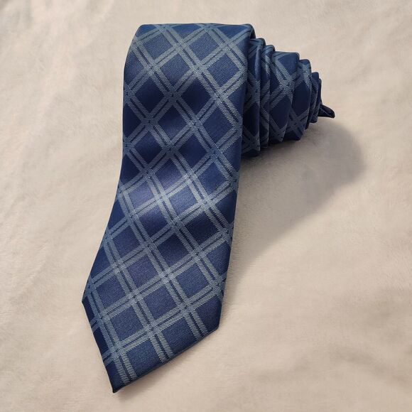 Lands End Men's Blue Tie with Geometric Check Stripe Standard Size Classic Style - Picture 1 of 7